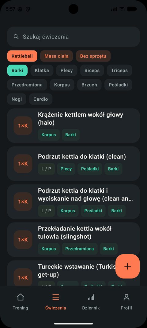 Biblioteka ćwiczeń z filtrami sprzętu i partii ciała