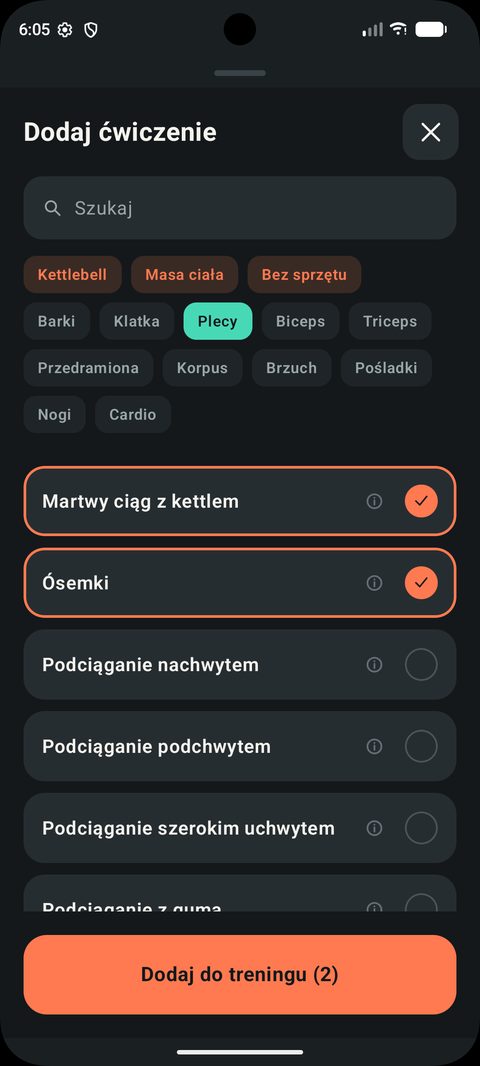 Dodawanie ćwiczeń do budowanego treningu