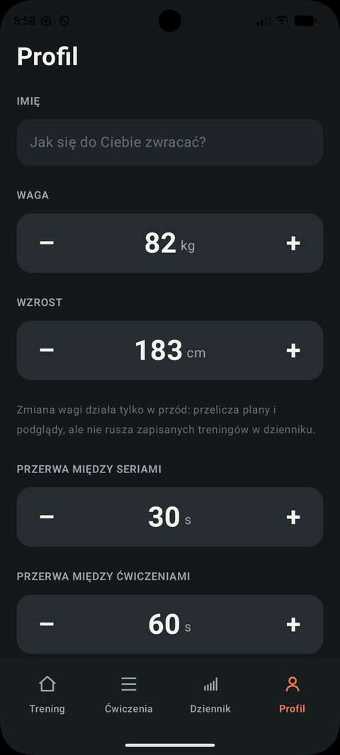 Profil z wagą, wzrostem i ustawieniami przerw