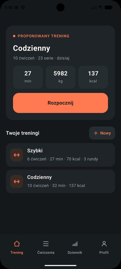 Ekran główny Strengo z proponowanym treningiem i listą Twoje treningi